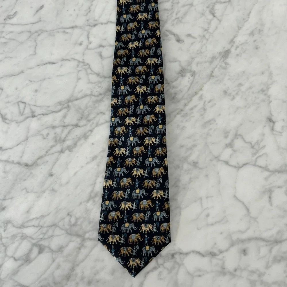 Jim Thompson 100% Silk Tie Whimsical Elephants Animal Print Blue & Tan